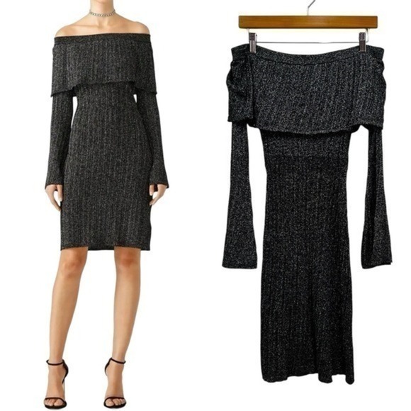 Keepsake Off-the-shoulder Metallic Sweater Dress in Black/Grey size Small - Picture 1 of 11